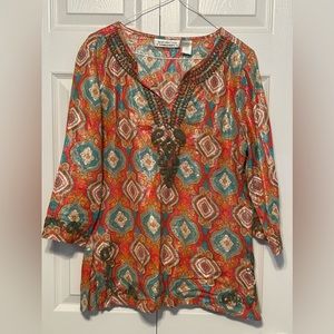 New Direction Womens Medium Bohemian‎ Floral Sparkle Blouse Chest 22 Length 26